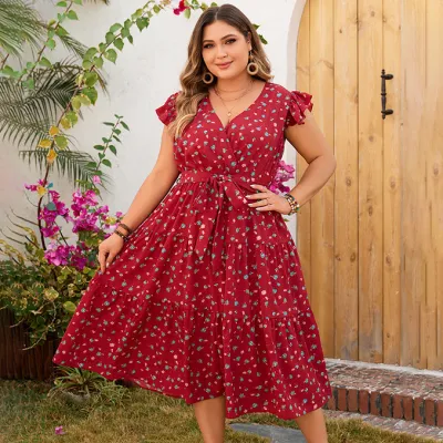 Women Fashion Casual Plus Size Lace-Up Short Sleeve Loose Dress