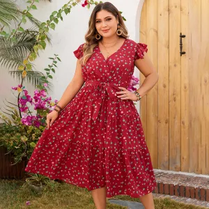 Women Fashion Casual Plus Size Lace-Up Short Sleeve Loose Dress