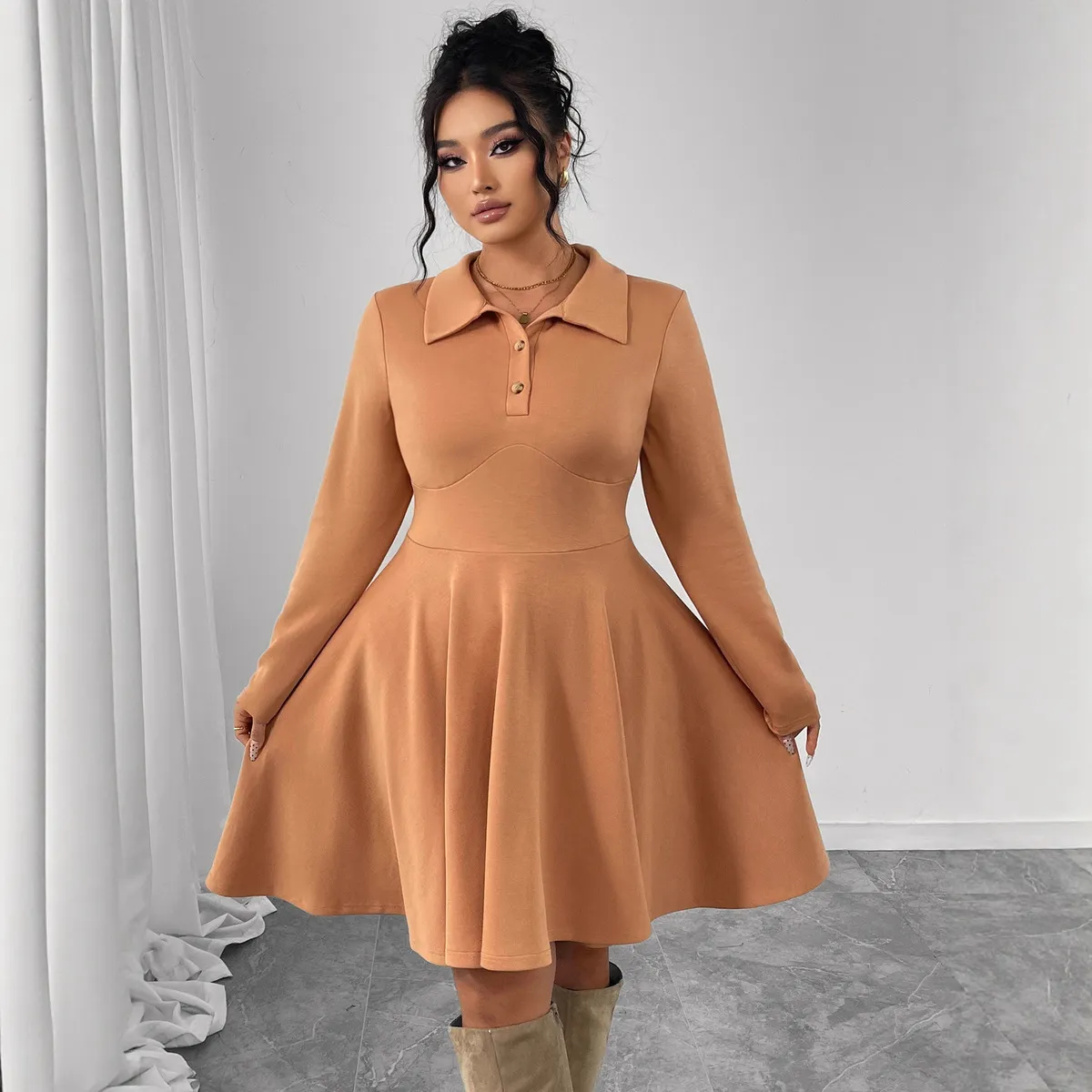 Women Elegant Plus Size Solid Color Polo Collar Long Sleeve High Waist Dress