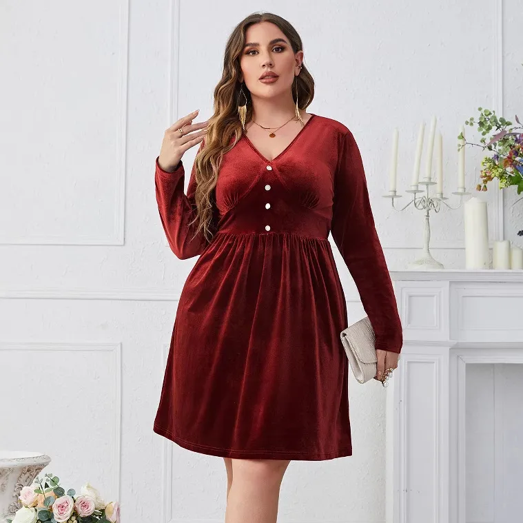 Women Elegant Plus Size Solid Color V-Neck Long Sleeve High Waist Princess Dress