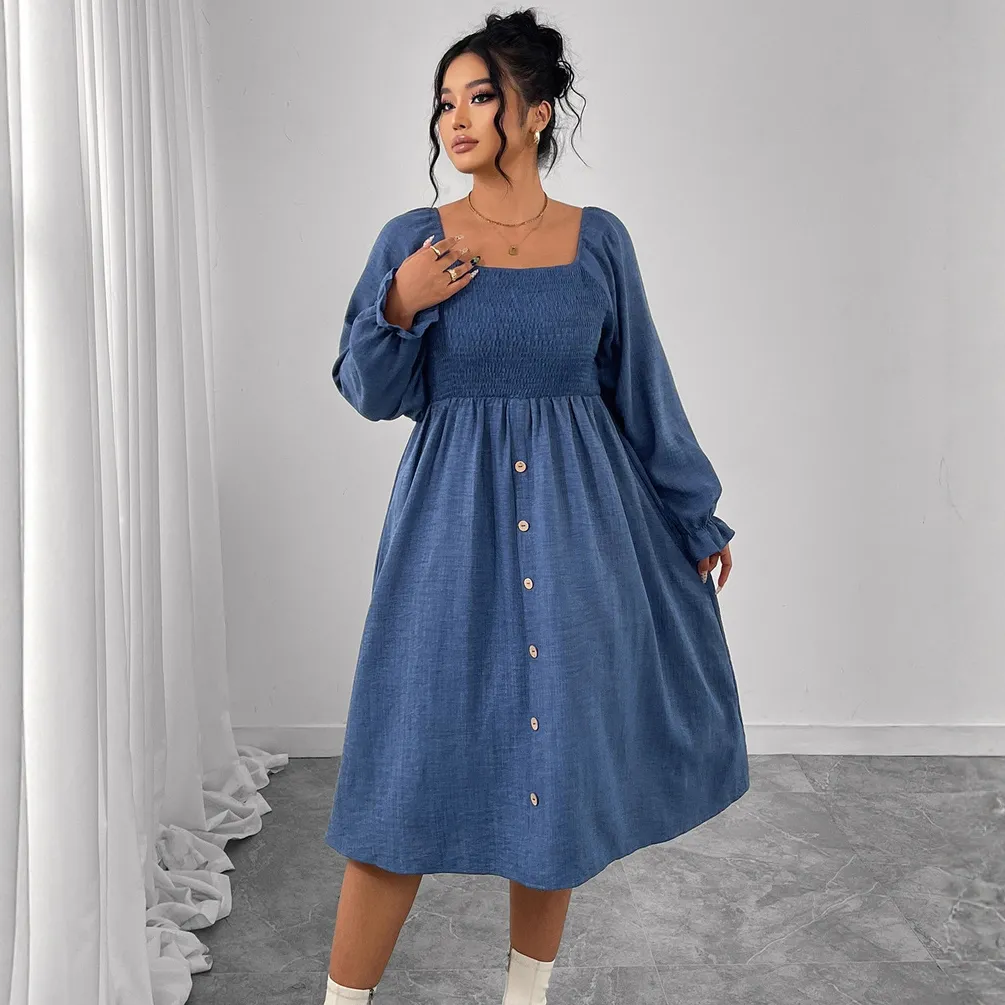 Women Elegant Plus Size Solid Color Square Collar Long Sleeve High Waist Dress