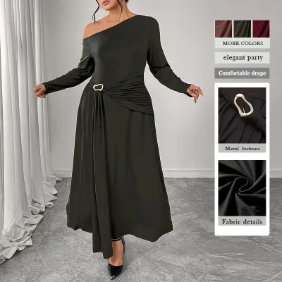 Women Fashion Sexy Plus Size Solid Color Slanted Shoulder Long-Sleeve High Waist Polyester Dress