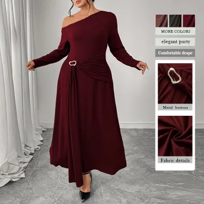 Women Fashion Sexy Plus Size Solid Color Slanted Shoulder Long-Sleeve High Waist Polyester Dress