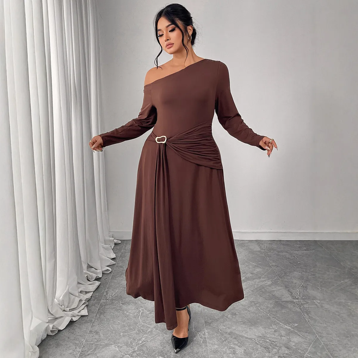 Women Fashion Sexy Plus Size Solid Color Slanted Shoulder Long-Sleeve High Waist Polyester Dress