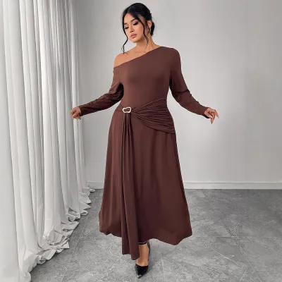 Women Fashion Sexy Plus Size Solid Color Slanted Shoulder Long-Sleeve High Waist Dress