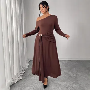 Women Fashion Sexy Plus Size Solid Color Slanted Shoulder Long-Sleeve High Waist Polyester Dress