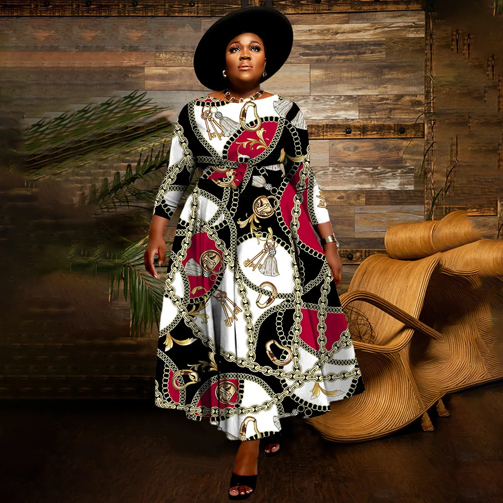 Women Casual Plus Size Printed Long-Sleeve Lace-Up African Dress