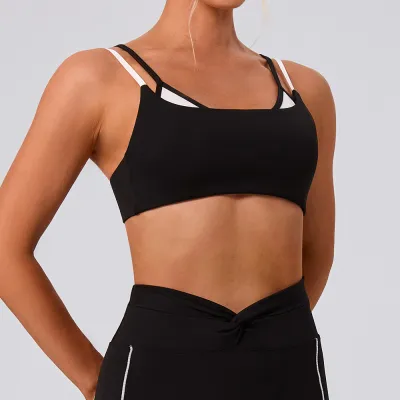 Women Sexy Fake Two-Piece Contrast Color Yoga Sport Bra