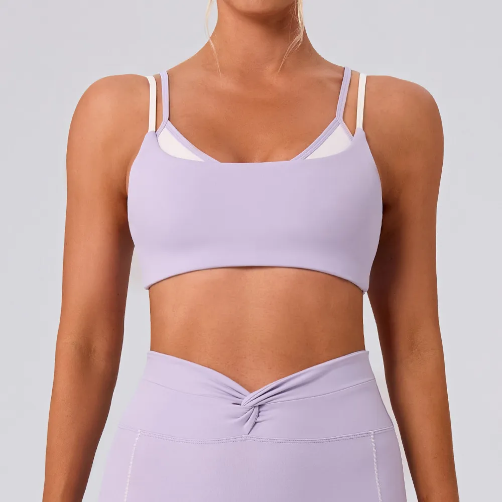 Women Sexy Fake Two-Piece Contrast Color Yoga Sport Bra