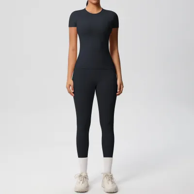 Women Casual Solid Color Breathable Tight Short-Sleeve T-Shirt Leg-Bundled Pants Sports Yoga Two-Piece Set