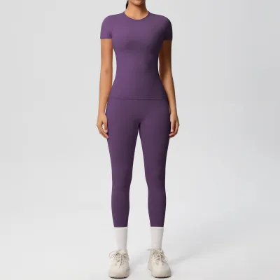 Women Casual Solid Color Breathable Tight Short-Sleeve T-Shirt Leg-Bundled Pants Sports Yoga Two-Piece Set