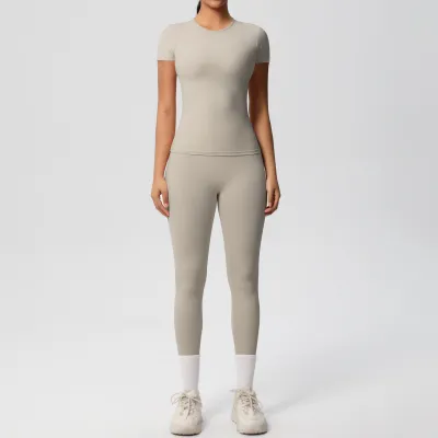 Women Casual Solid Color Breathable Tight Short-Sleeve T-Shirt Leg-Bundled Pants Sports Yoga Two-Piece Set