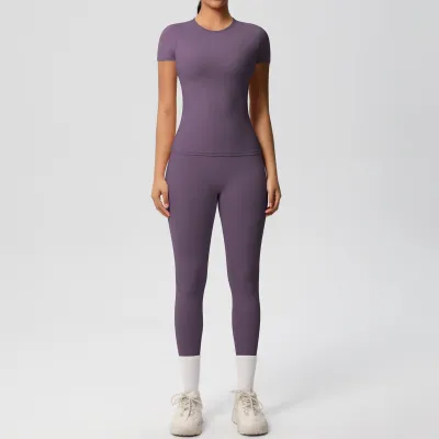 Women Casual Solid Color Breathable Tight Short-Sleeve T-Shirt Leg-Bundled Pants Sports Yoga Two-Piece Set