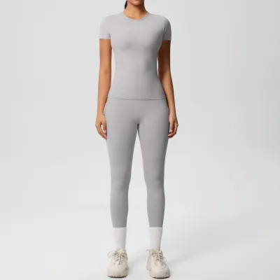 Women Casual Solid Color Breathable Tight Short-Sleeve T-Shirt Leg-Bundled Pants Sports Yoga Two-Piece Set