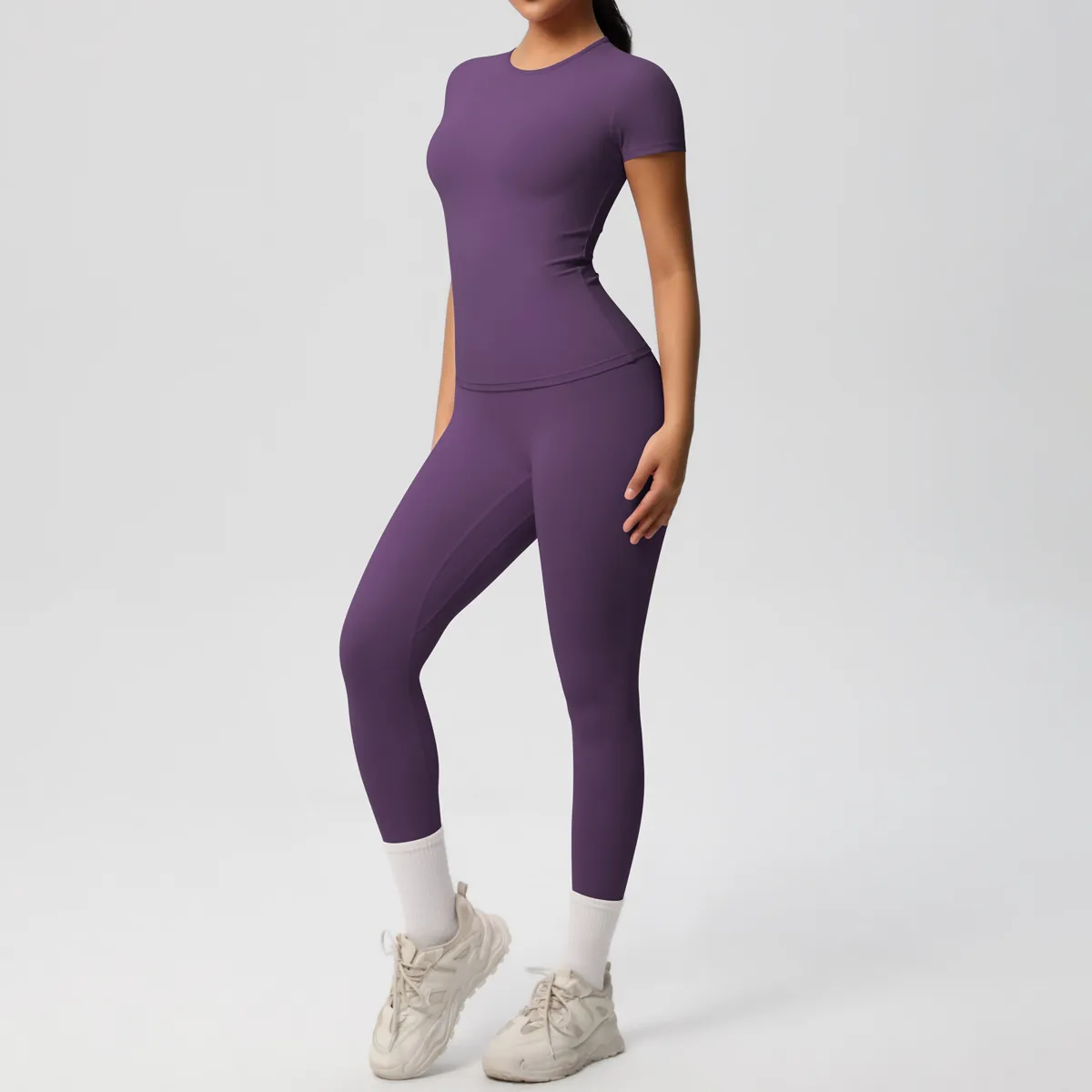 Women Casual Solid Color Breathable Tight Short-Sleeve T-Shirt Leg-Bundled Pants Sports Yoga Two-Piece Set