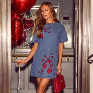 Women Casual Embroidered Heart Short Sleeve Loose Denim Dress