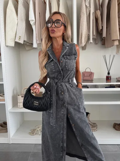 Women Casual Solid Color Lapel Sleeveless Lace-Up Single-Breasted Denim Dress