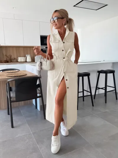 Women Casual Solid Color Lapel Sleeveless Lace-Up Single-Breasted Denim Dress