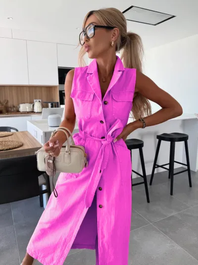 Women Casual Solid Color Lapel Sleeveless Lace-Up Single-Breasted Denim Dress