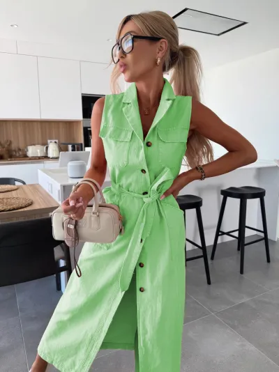 Women Casual Solid Color Lapel Sleeveless Lace-Up Single-Breasted Denim Dress