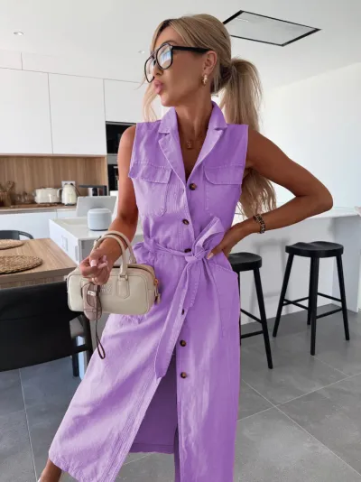 Women Casual Solid Color Lapel Sleeveless Lace-Up Single-Breasted Denim Dress
