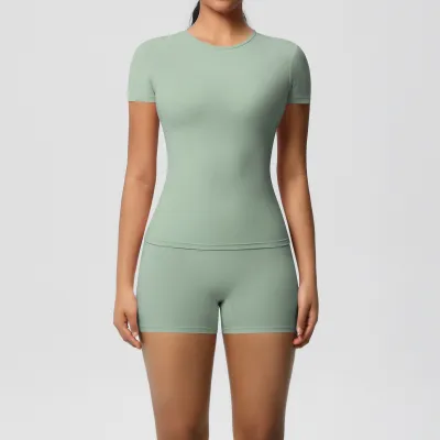 Women Casual Solid Color Short-Sleeve T-Shirt Leg-Bundled Pants Sports Yoga Two-Piece Set
