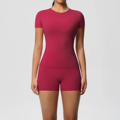 Women Casual Solid Color Short-Sleeve T-Shirt Leg-Bundled Pants Sports Yoga Two-Piece Set