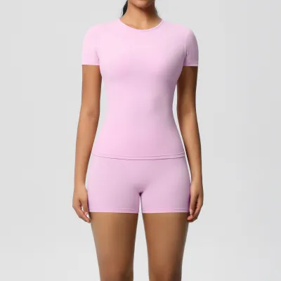 Women Casual Solid Color Short-Sleeve T-Shirt Leg-Bundled Pants Sports Yoga Two-Piece Set