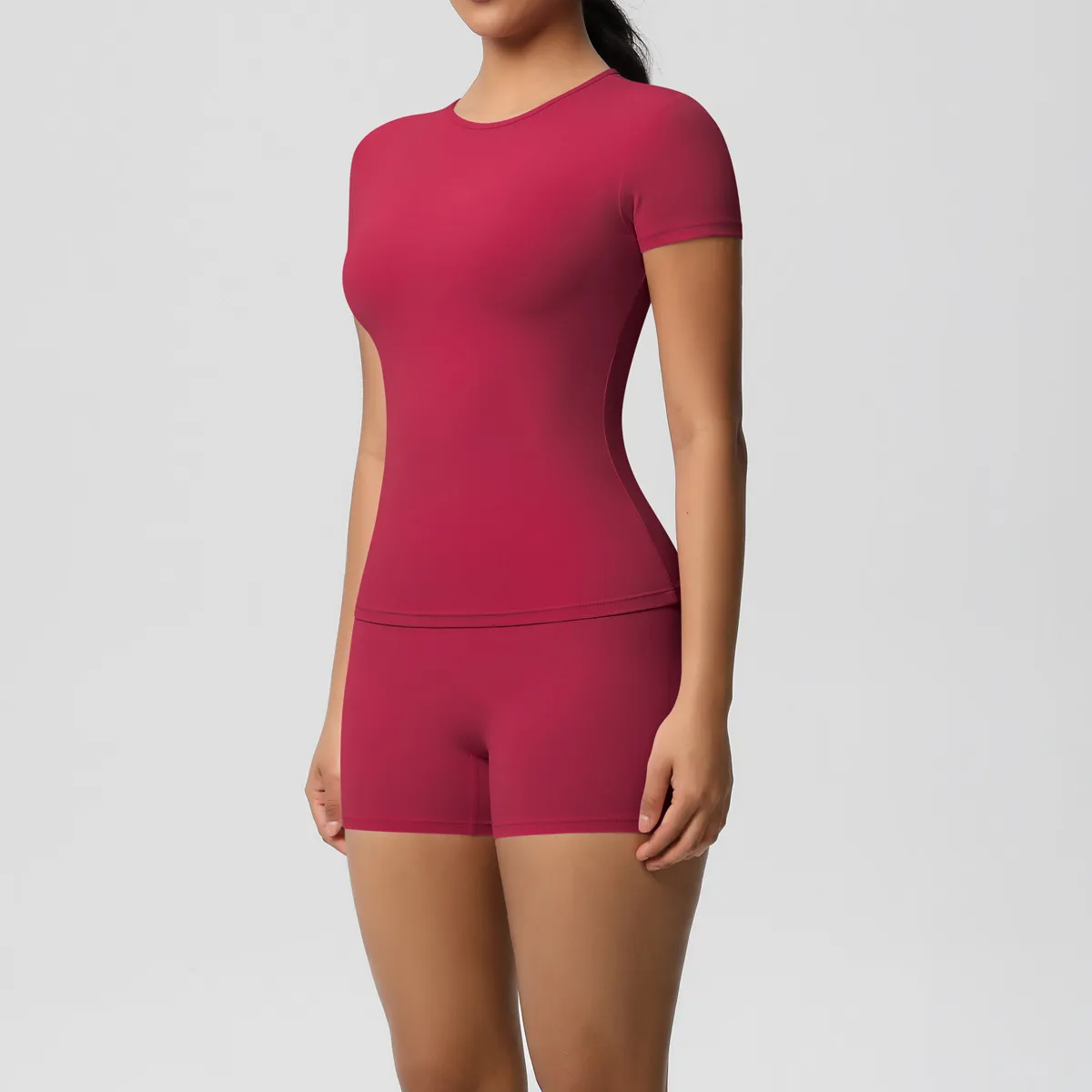 Women Casual Solid Color Short-Sleeve T-Shirt Leg-Bundled Pants Sports Yoga Two-Piece Set