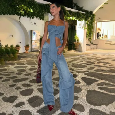 Women Fashion Sexy Denim Irregular Spaghetti Strap Camisole Straight Wide Leg Jeans Two-Piece Set