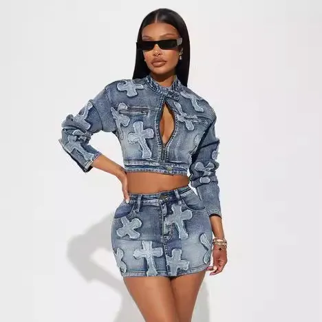 Women Casual Stretch Denim Cross Embroidered Long Jacket Short Skirt Two-Piece Set
