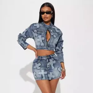 Women Casual Stretch Denim Cross Embroidered Long Jacket Short Skirt Two-Piece Set