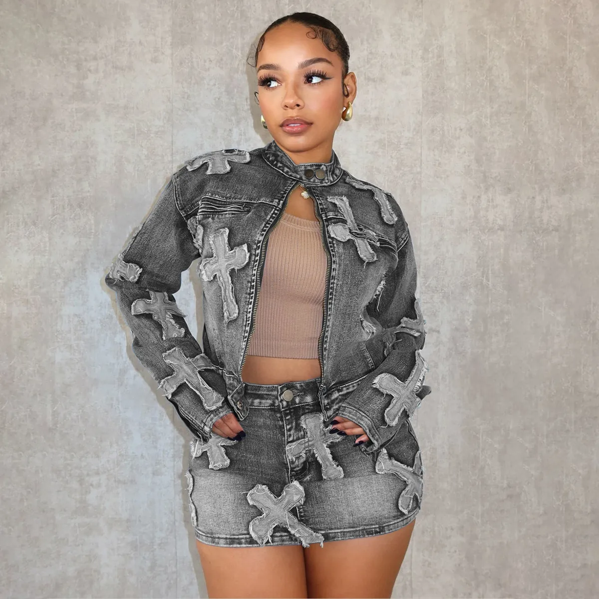Women's Casual Denim Embroidered Long-Sleeve Jacket and Skirt Two-Piece Set