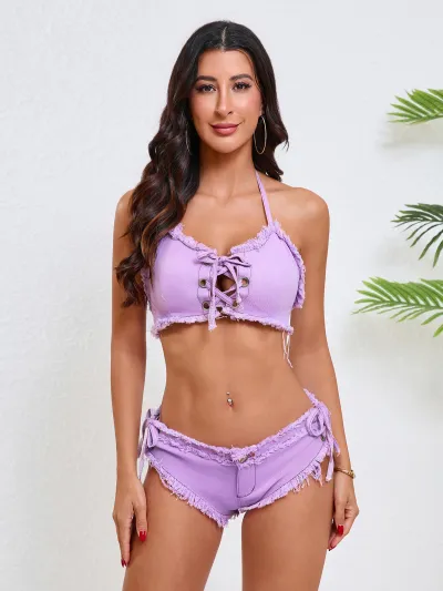 Women's Sexy Halter-Neck Lace-Up Crop Top with Denim Shorts Two-Piece Set