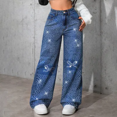 Women Fashion Casual Rhinestone Bowknot Loose Wide Leg Jeans