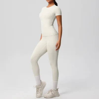 Women's Casual Yoga Two-Piece Set - Solid Color Short-Sleeve T-Shirt with Pockets and Leg-Bundled Pants