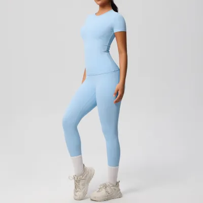 Women's Casual Yoga Two-Piece Set - Solid Color Short-Sleeve T-Shirt with Pockets and Leg-Bundled Pants