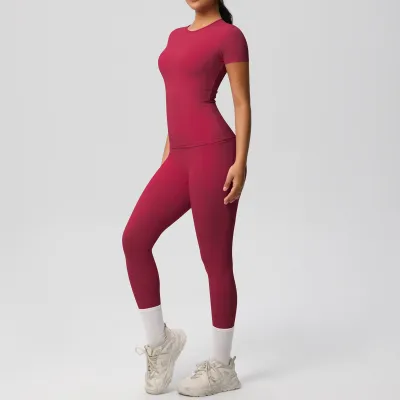 Women's Casual Yoga Two-Piece Set - Solid Color Short-Sleeve T-Shirt with Pockets and Leg-Bundled Pants