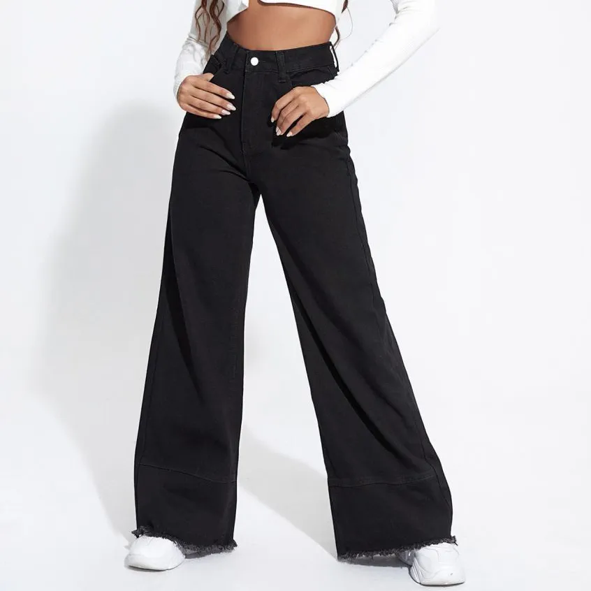 Women Fashion Casual Solid Color High Waist Loose Tassel Wide Leg Jeans