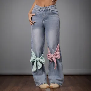 Women Fashion Casual Bowknot Design High Waist Loose Wide Leg Jeansomen