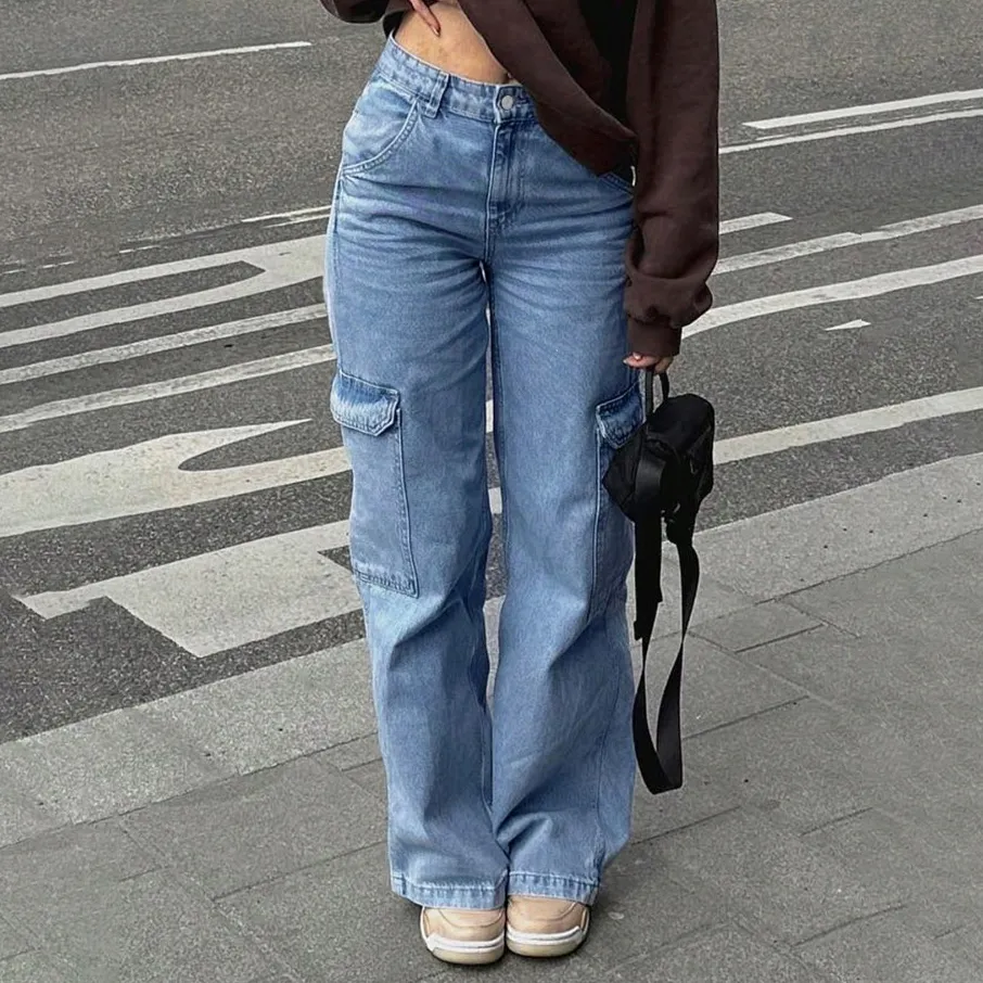 Women Fashion Casual High Waist Large Pocket Cargo Jeans