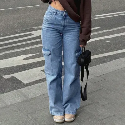 Women Fashion Casual High Waist Large Pocket Cargo Jeans