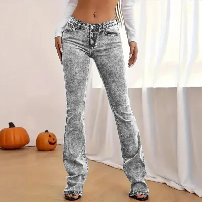 Women Fashion Simple Grey Washed Slim-Fit Stretch Bootcut Distressed Jeans