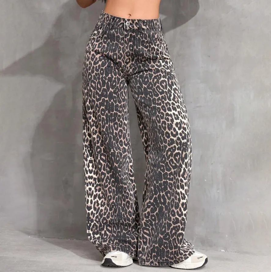 Women Fashion Casual Leopard Wide Leg Jeans