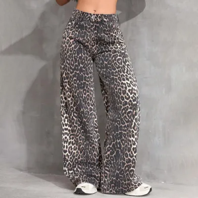 Women Fashion Casual Leopard Wide Leg Jeans