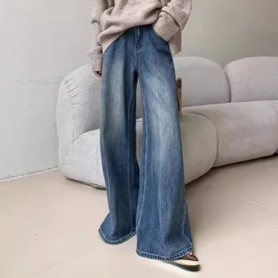 Women Fashion Casual Washed Straight Loose Flared Jeans