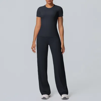Women's Casual Solid Color Double-Sided Sanding Tight Long-Sleeve T-Shirt Wide-Leg Pants Yoga Sports Two-Piece Set