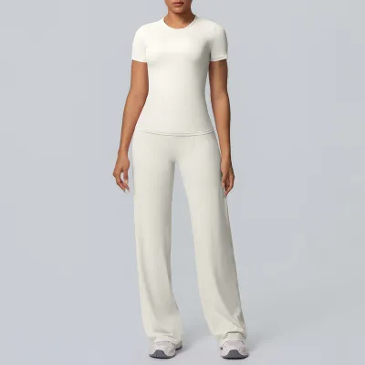 Women's Casual Solid Color Double-Sided Sanding Tight Long-Sleeve T-Shirt Wide-Leg Pants Yoga Sports Two-Piece Set