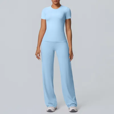 Women's Casual Solid Color Double-Sided Sanding Tight Long-Sleeve T-Shirt Wide-Leg Pants Yoga Sports Two-Piece Set