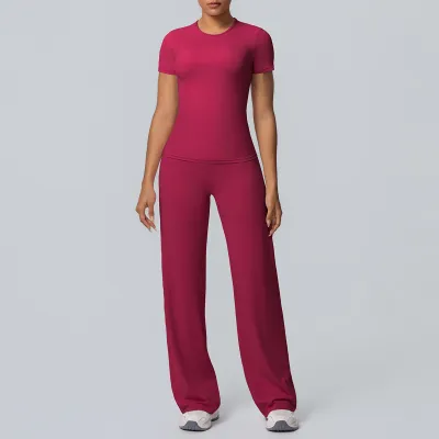 Women's Casual Solid Color Double-Sided Sanding Tight Long-Sleeve T-Shirt Wide-Leg Pants Yoga Sports Two-Piece Set